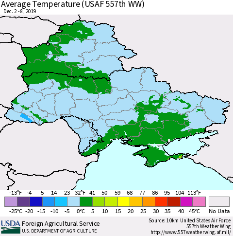 Ukraine, Moldova and Belarus Average Temperature (USAF 557th WW) Thematic Map For 12/2/2019 - 12/8/2019