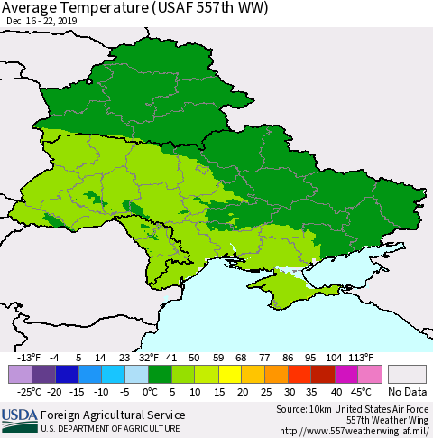 Ukraine, Moldova and Belarus Average Temperature (USAF 557th WW) Thematic Map For 12/16/2019 - 12/22/2019