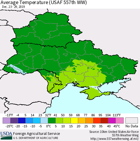 Ukraine, Moldova and Belarus Average Temperature (USAF 557th WW) Thematic Map For 12/23/2019 - 12/29/2019
