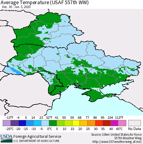 Ukraine, Moldova and Belarus Average Temperature (USAF 557th WW) Thematic Map For 12/30/2019 - 1/5/2020