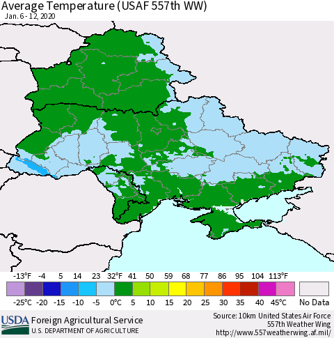 Ukraine, Moldova and Belarus Average Temperature (USAF 557th WW) Thematic Map For 1/6/2020 - 1/12/2020