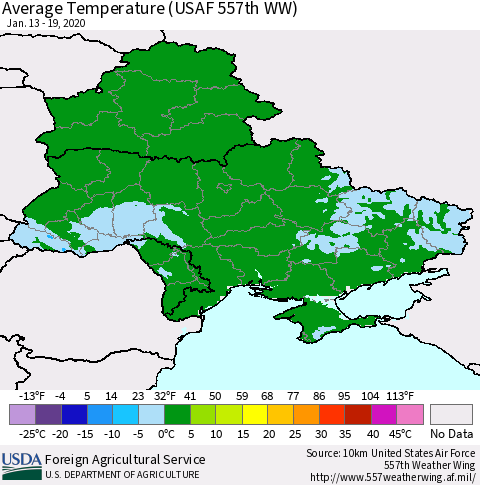 Ukraine, Moldova and Belarus Average Temperature (USAF 557th WW) Thematic Map For 1/13/2020 - 1/19/2020