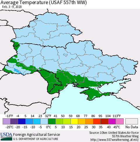 Ukraine, Moldova and Belarus Average Temperature (USAF 557th WW) Thematic Map For 2/3/2020 - 2/9/2020