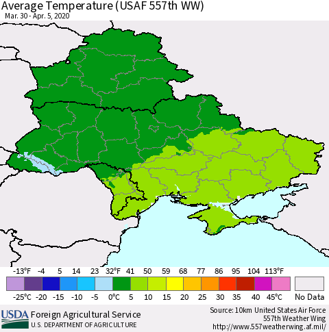 Ukraine, Moldova and Belarus Average Temperature (USAF 557th WW) Thematic Map For 3/30/2020 - 4/5/2020
