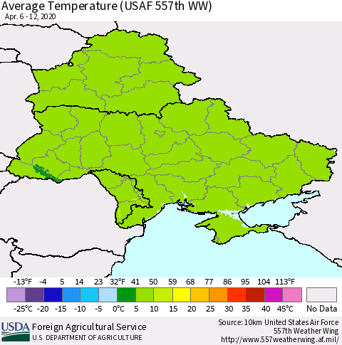 Ukraine, Moldova and Belarus Average Temperature (USAF 557th WW) Thematic Map For 4/6/2020 - 4/12/2020