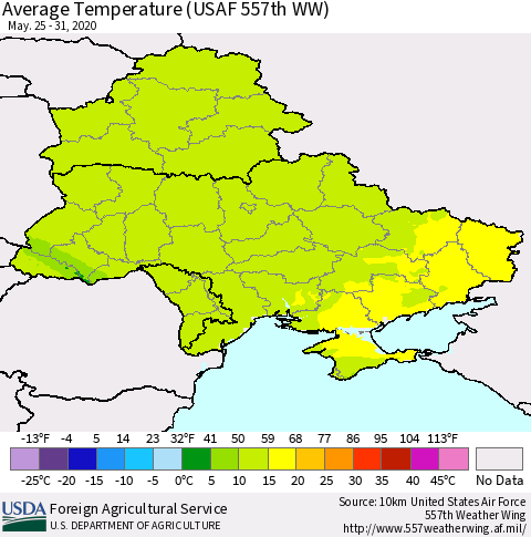Ukraine, Moldova and Belarus Average Temperature (USAF 557th WW) Thematic Map For 5/25/2020 - 5/31/2020