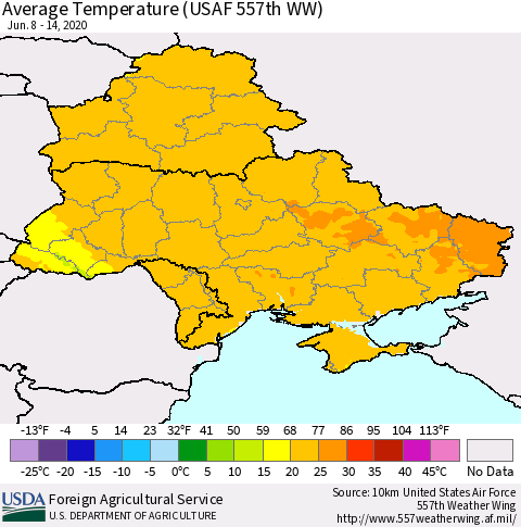 Ukraine, Moldova and Belarus Average Temperature (USAF 557th WW) Thematic Map For 6/8/2020 - 6/14/2020