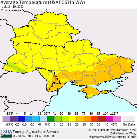 Ukraine, Moldova and Belarus Average Temperature (USAF 557th WW) Thematic Map For 7/13/2020 - 7/19/2020