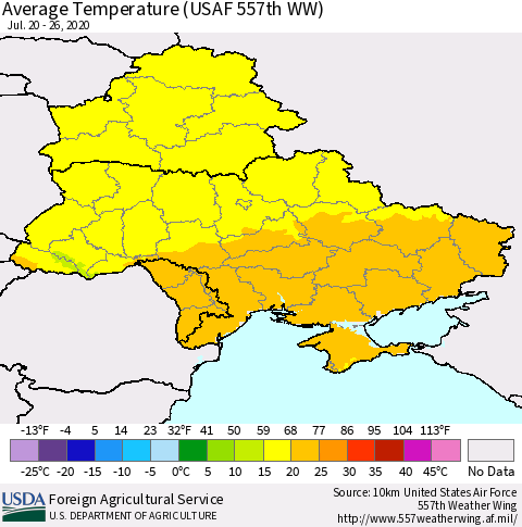 Ukraine, Moldova and Belarus Average Temperature (USAF 557th WW) Thematic Map For 7/20/2020 - 7/26/2020