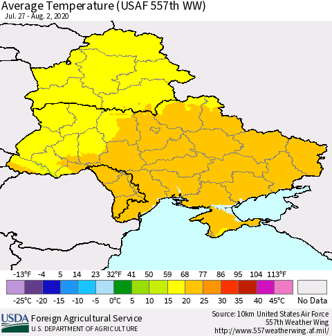Ukraine, Moldova and Belarus Average Temperature (USAF 557th WW) Thematic Map For 7/27/2020 - 8/2/2020