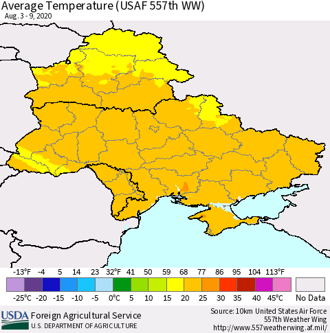 Ukraine, Moldova and Belarus Average Temperature (USAF 557th WW) Thematic Map For 8/3/2020 - 8/9/2020