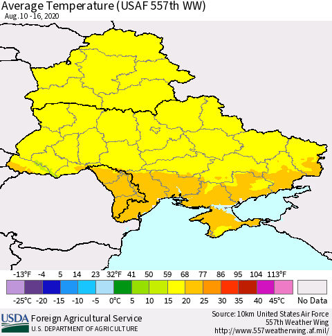 Ukraine, Moldova and Belarus Average Temperature (USAF 557th WW) Thematic Map For 8/10/2020 - 8/16/2020