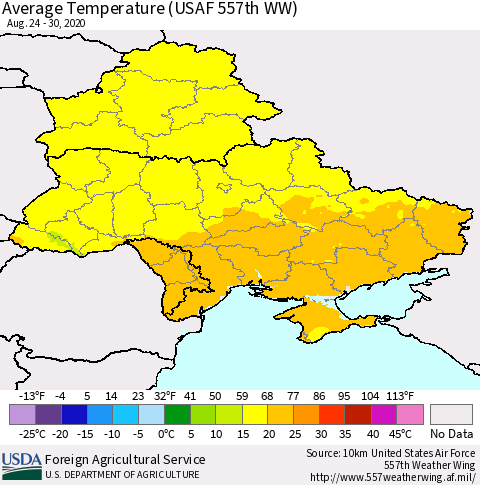 Ukraine, Moldova and Belarus Average Temperature (USAF 557th WW) Thematic Map For 8/24/2020 - 8/30/2020
