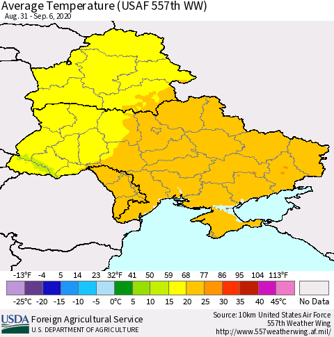 Ukraine, Moldova and Belarus Average Temperature (USAF 557th WW) Thematic Map For 8/31/2020 - 9/6/2020