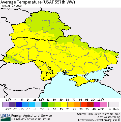 Ukraine, Moldova and Belarus Average Temperature (USAF 557th WW) Thematic Map For 9/21/2020 - 9/27/2020