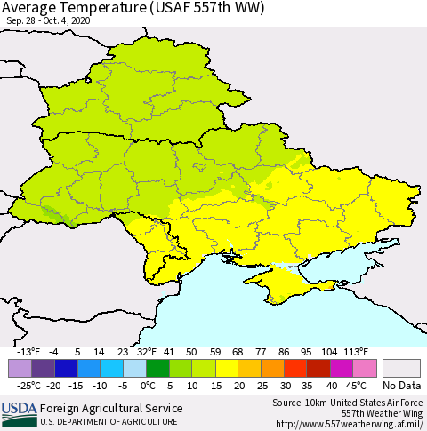Ukraine, Moldova and Belarus Average Temperature (USAF 557th WW) Thematic Map For 9/28/2020 - 10/4/2020