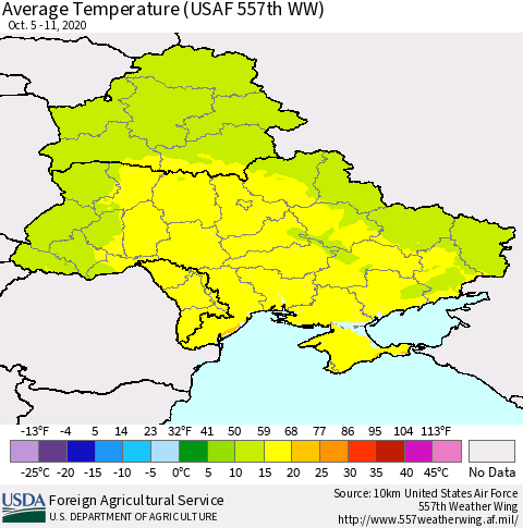 Ukraine, Moldova and Belarus Average Temperature (USAF 557th WW) Thematic Map For 10/5/2020 - 10/11/2020