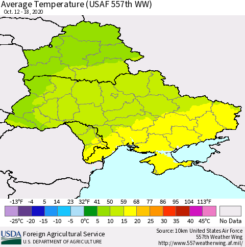 Ukraine, Moldova and Belarus Average Temperature (USAF 557th WW) Thematic Map For 10/12/2020 - 10/18/2020