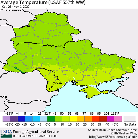 Ukraine, Moldova and Belarus Average Temperature (USAF 557th WW) Thematic Map For 10/26/2020 - 11/1/2020