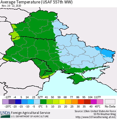 Ukraine, Moldova and Belarus Average Temperature (USAF 557th WW) Thematic Map For 11/16/2020 - 11/22/2020