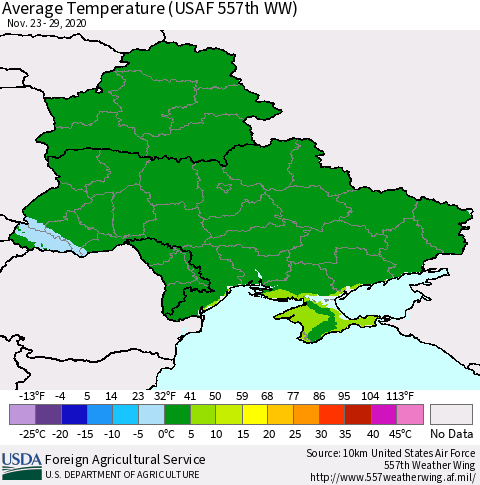 Ukraine, Moldova and Belarus Average Temperature (USAF 557th WW) Thematic Map For 11/23/2020 - 11/29/2020