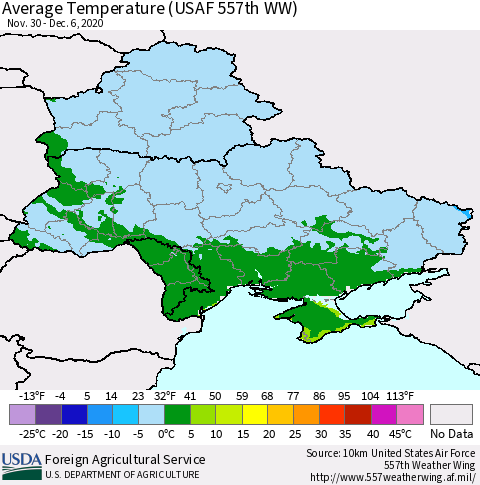 Ukraine, Moldova and Belarus Average Temperature (USAF 557th WW) Thematic Map For 11/30/2020 - 12/6/2020