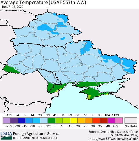 Ukraine, Moldova and Belarus Average Temperature (USAF 557th WW) Thematic Map For 12/7/2020 - 12/13/2020