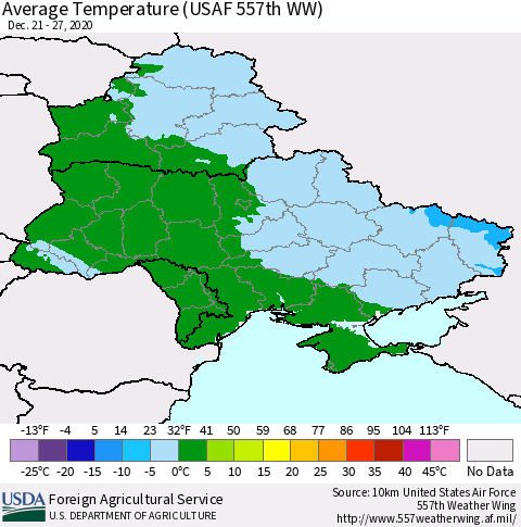 Ukraine, Moldova and Belarus Average Temperature (USAF 557th WW) Thematic Map For 12/21/2020 - 12/27/2020
