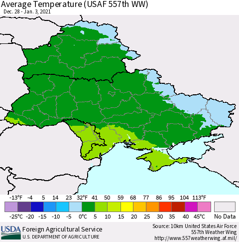 Ukraine, Moldova and Belarus Average Temperature (USAF 557th WW) Thematic Map For 12/28/2020 - 1/3/2021