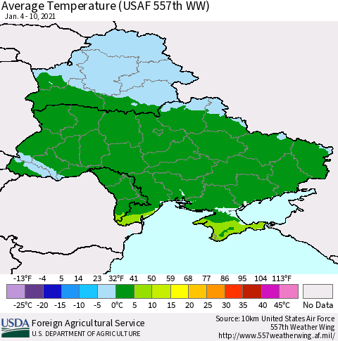 Ukraine, Moldova and Belarus Average Temperature (USAF 557th WW) Thematic Map For 1/4/2021 - 1/10/2021