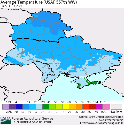 Ukraine, Moldova and Belarus Average Temperature (USAF 557th WW) Thematic Map For 1/11/2021 - 1/17/2021