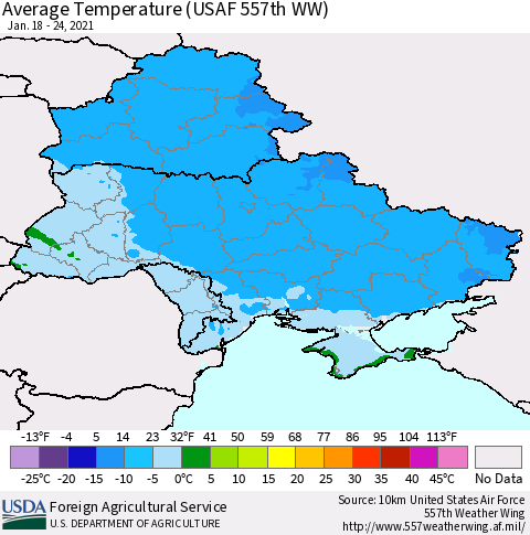 Ukraine, Moldova and Belarus Average Temperature (USAF 557th WW) Thematic Map For 1/18/2021 - 1/24/2021