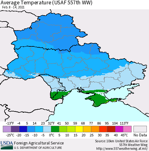 Ukraine, Moldova and Belarus Average Temperature (USAF 557th WW) Thematic Map For 2/8/2021 - 2/14/2021