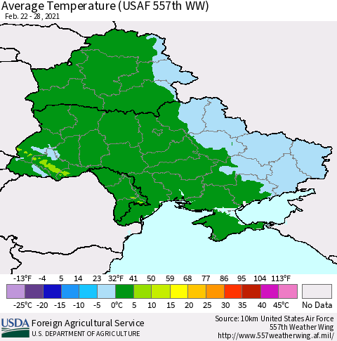 Ukraine, Moldova and Belarus Average Temperature (USAF 557th WW) Thematic Map For 2/22/2021 - 2/28/2021