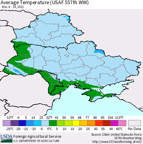 Ukraine, Moldova and Belarus Average Temperature (USAF 557th WW) Thematic Map For 3/8/2021 - 3/14/2021