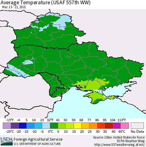 Ukraine, Moldova and Belarus Average Temperature (USAF 557th WW) Thematic Map For 3/15/2021 - 3/21/2021