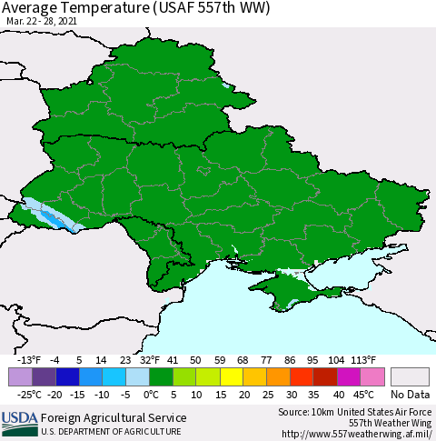Ukraine, Moldova and Belarus Average Temperature (USAF 557th WW) Thematic Map For 3/22/2021 - 3/28/2021