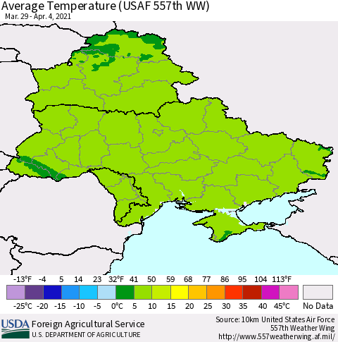 Ukraine, Moldova and Belarus Average Temperature (USAF 557th WW) Thematic Map For 3/29/2021 - 4/4/2021