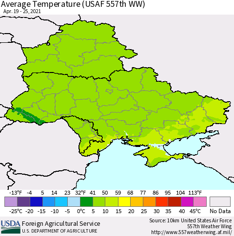 Ukraine, Moldova and Belarus Average Temperature (USAF 557th WW) Thematic Map For 4/19/2021 - 4/25/2021