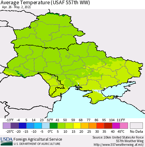 Ukraine, Moldova and Belarus Average Temperature (USAF 557th WW) Thematic Map For 4/26/2021 - 5/2/2021