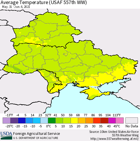 Ukraine, Moldova and Belarus Average Temperature (USAF 557th WW) Thematic Map For 5/31/2021 - 6/6/2021