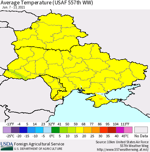 Ukraine, Moldova and Belarus Average Temperature (USAF 557th WW) Thematic Map For 6/7/2021 - 6/13/2021