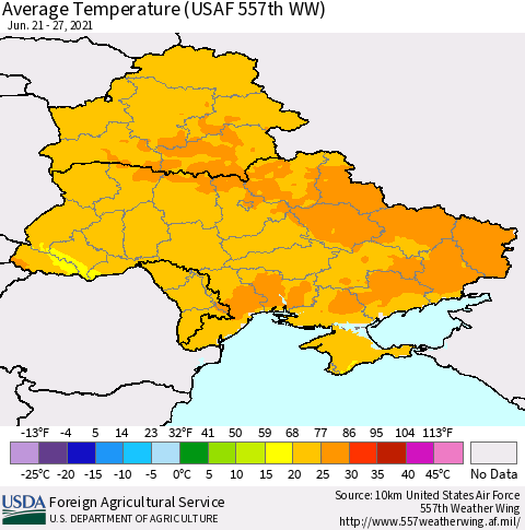 Ukraine, Moldova and Belarus Average Temperature (USAF 557th WW) Thematic Map For 6/21/2021 - 6/27/2021