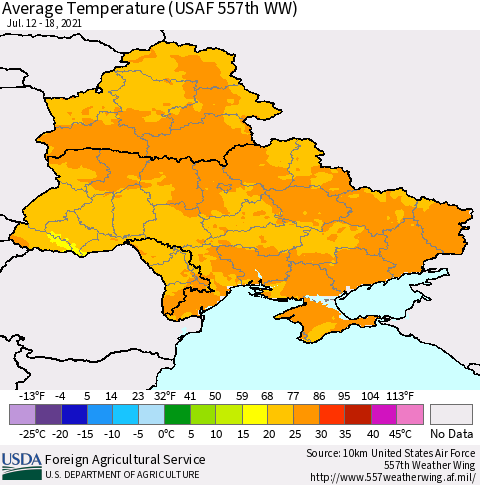 Ukraine, Moldova and Belarus Average Temperature (USAF 557th WW) Thematic Map For 7/12/2021 - 7/18/2021