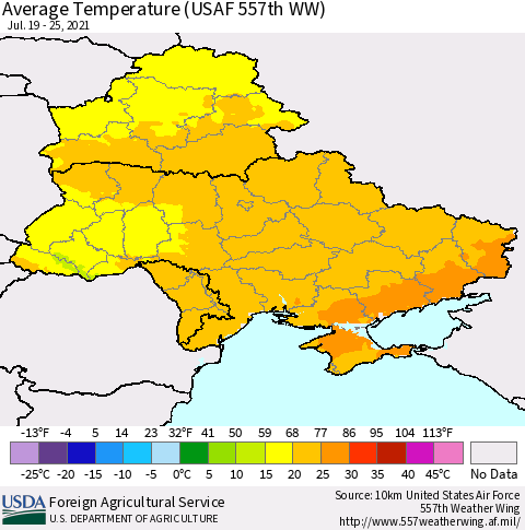 Ukraine, Moldova and Belarus Average Temperature (USAF 557th WW) Thematic Map For 7/19/2021 - 7/25/2021