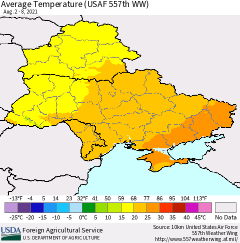 Ukraine, Moldova and Belarus Average Temperature (USAF 557th WW) Thematic Map For 8/2/2021 - 8/8/2021