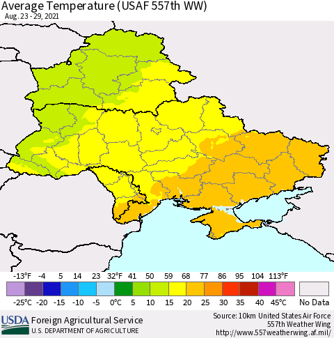Ukraine, Moldova and Belarus Average Temperature (USAF 557th WW) Thematic Map For 8/23/2021 - 8/29/2021