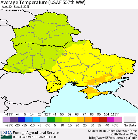 Ukraine, Moldova and Belarus Average Temperature (USAF 557th WW) Thematic Map For 8/30/2021 - 9/5/2021