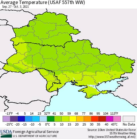 Ukraine, Moldova and Belarus Average Temperature (USAF 557th WW) Thematic Map For 9/27/2021 - 10/3/2021