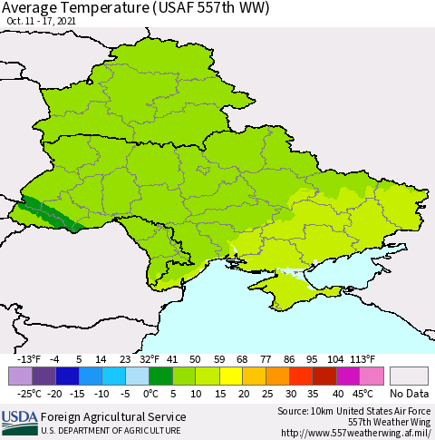 Ukraine, Moldova and Belarus Average Temperature (USAF 557th WW) Thematic Map For 10/11/2021 - 10/17/2021